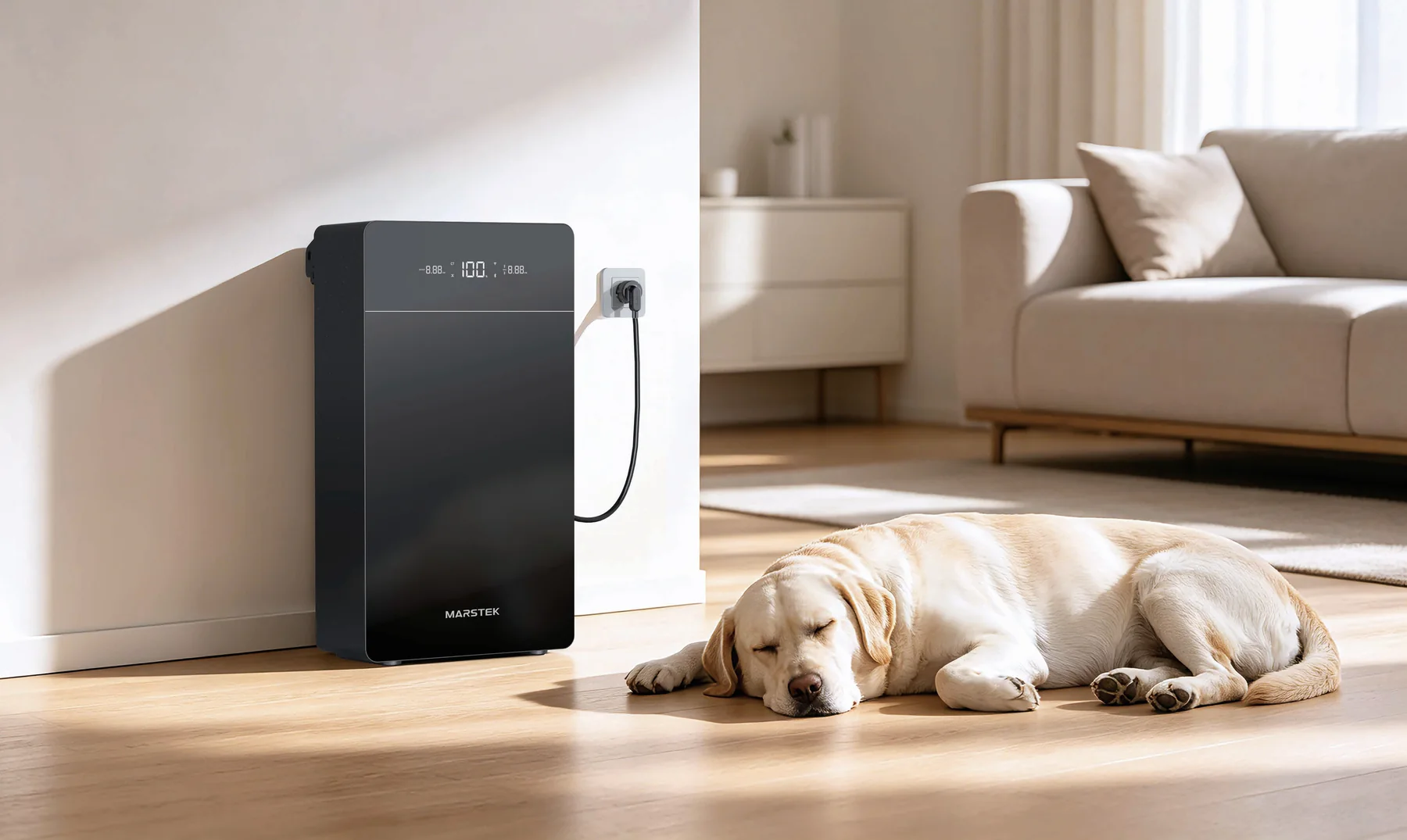 Home battery in a calm living room for daily solar self-consumption
